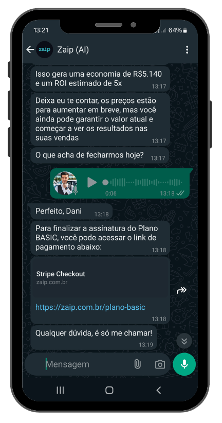 Mockup de celular com conversa no WhatsApp em que a IA da Zaip conduz o lead até o link de pagamento.